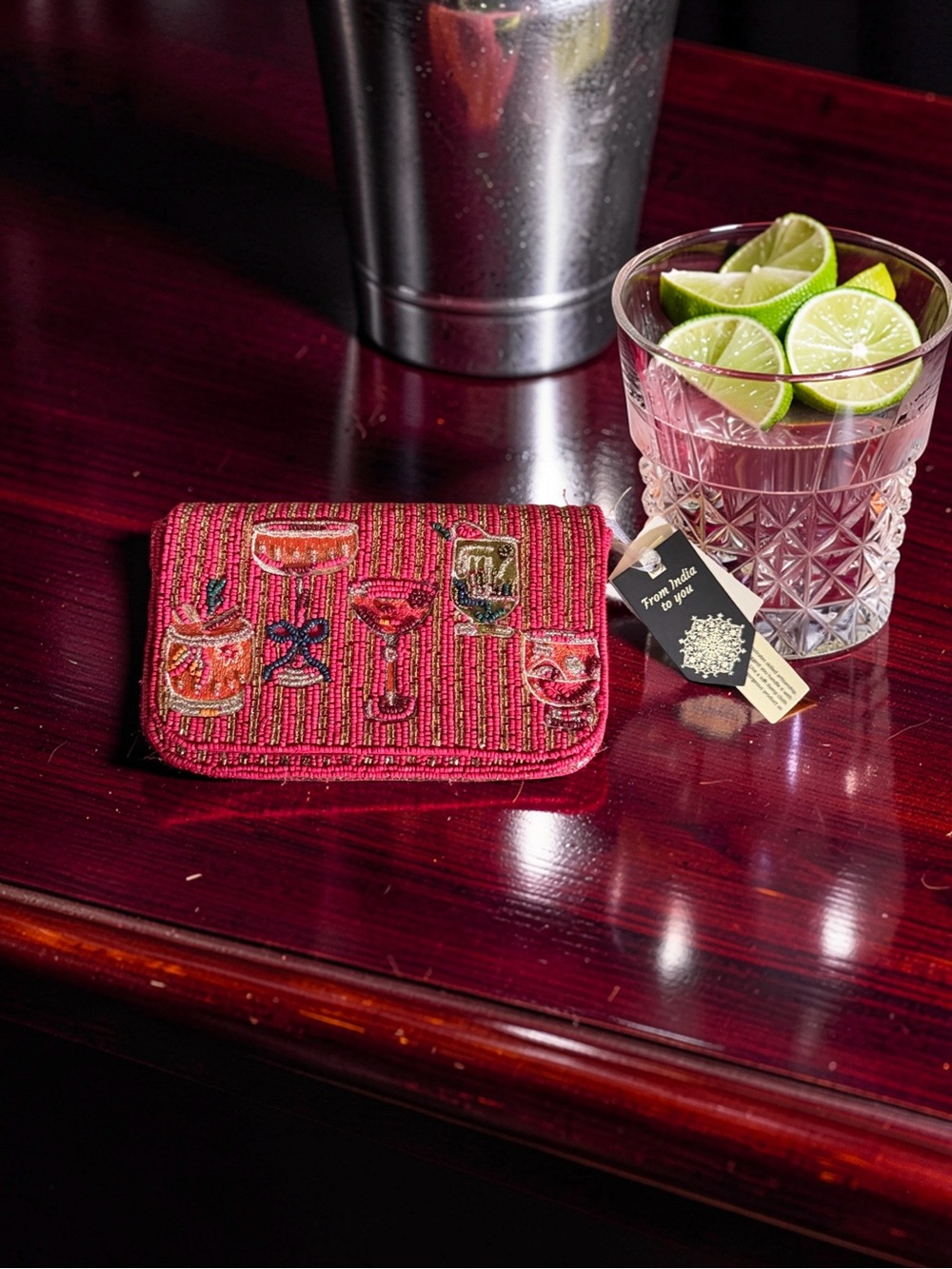 Beaded Red Cocktail Motif Crossbody Bag